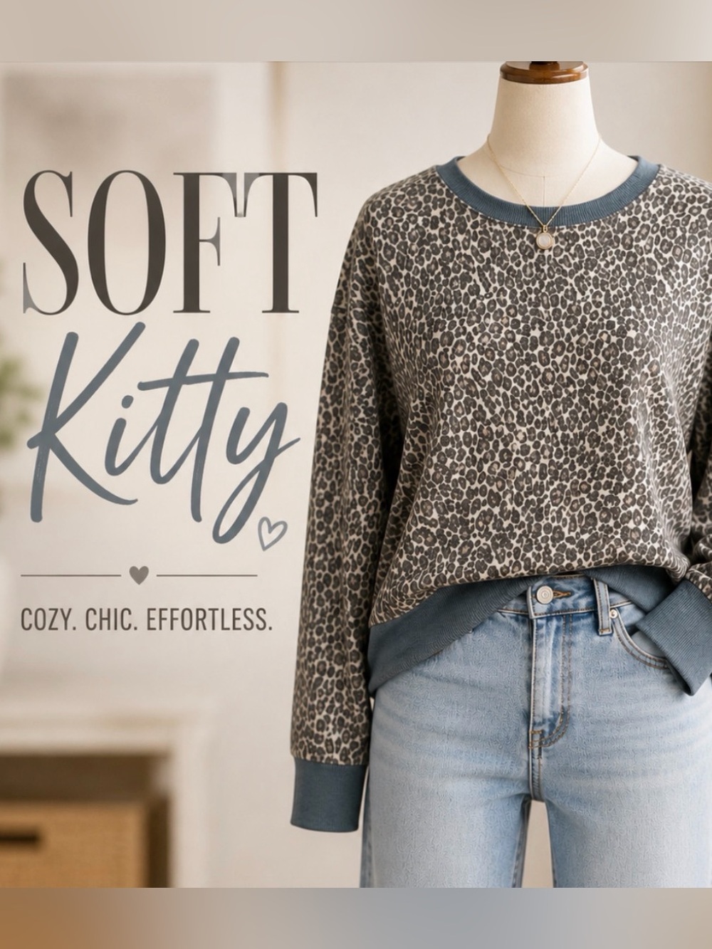 Splendid Grey Leopard Print Crewneck Sweater with Blue Trim
